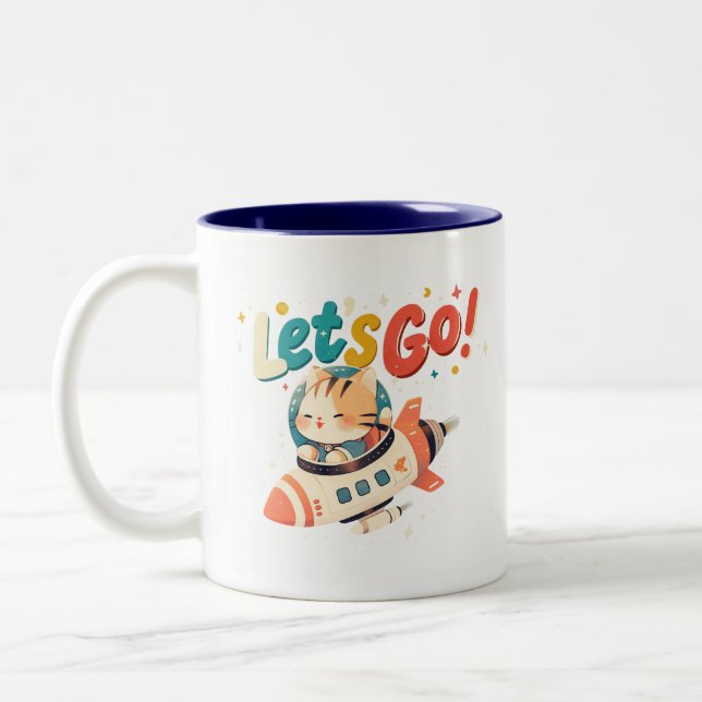 Cute astronaut cat riding rocket in space Two-Tone coffee mug (Left)