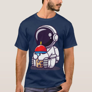 Cute Astronaut Drinking Boba Milk Tea Cartoon T-Shirt
