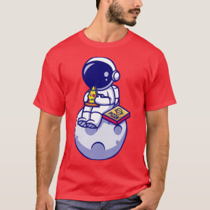 Cute Astronaut Eating Pizza On The Moon Cartoon T-Shirt