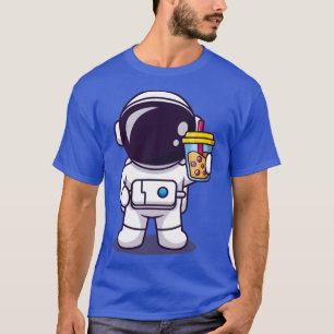 Cute Astronaut Holding Boba Milk Tea Cartoon T-Shirt