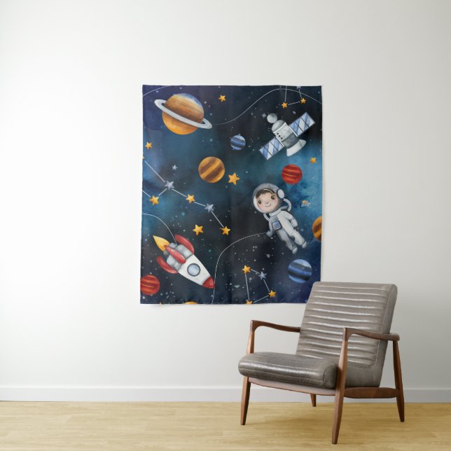 Cute Astronaut in Outer Space Kids Room Tapestry (In Situ)