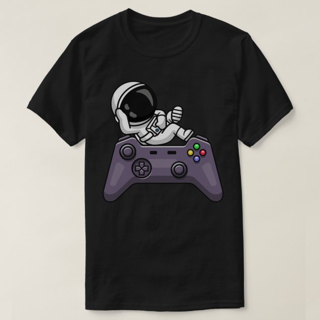 Cute Astronaut Laying on Controller Cartoon T-Shirt (Design Front)