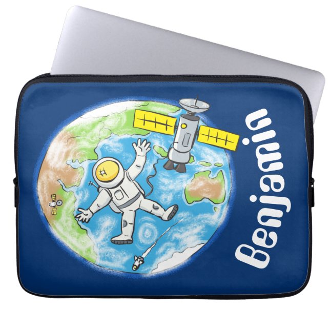 Cute astronaut outer space earth cartoon laptop sleeve (Front)
