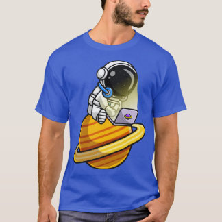 Cute Astronaut Playing Laptop On Planet Cartoon T-Shirt