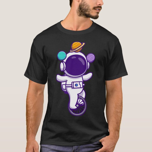 Cute Astronaut Rides Unicycle Bike T-Shirt (Front)