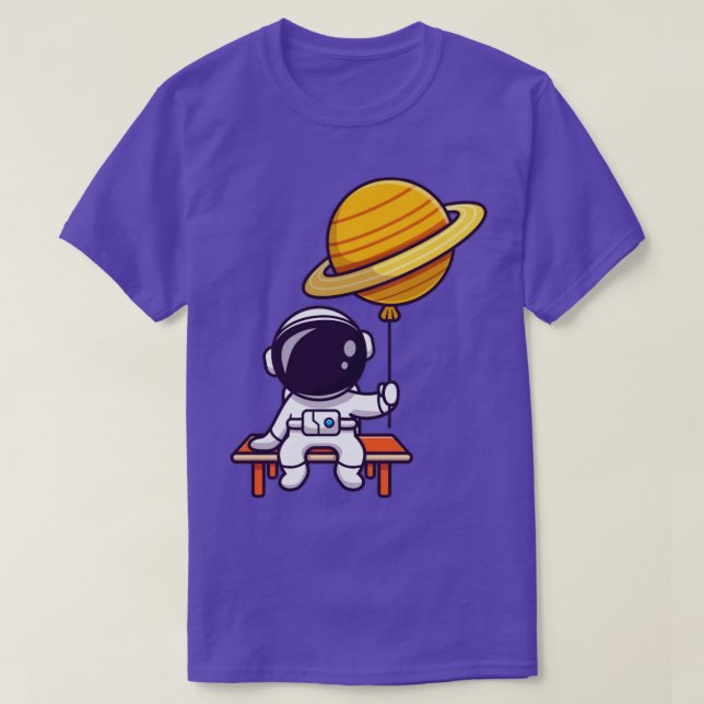 Cute Astronaut Sitting And Holding Planet Balloon  T-Shirt (Design Front)