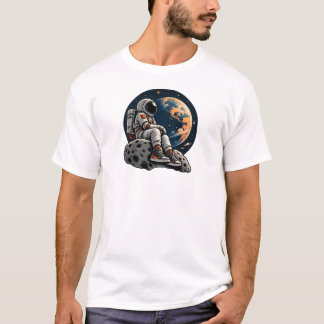Cute Astronaut Sitting on Asteroid Space Art  T-Shirt