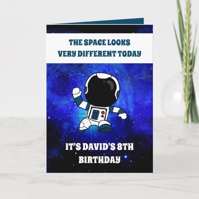 Cute Astronaut Space Blue Space 8th Birthday Card (Front)
