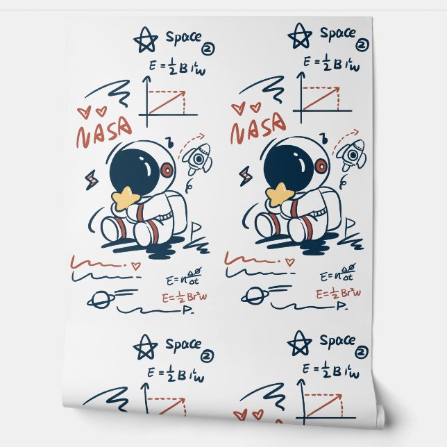  Cute Astronaut Space Cartoon Kids Room Wallpaper (Unrolling)