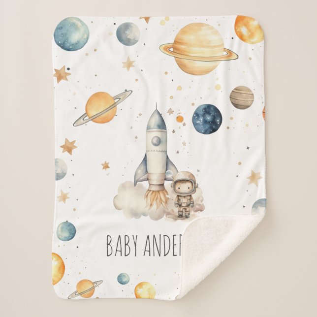 Cute Astronaut Space Monogram Boys Sherpa Blanket (Front)