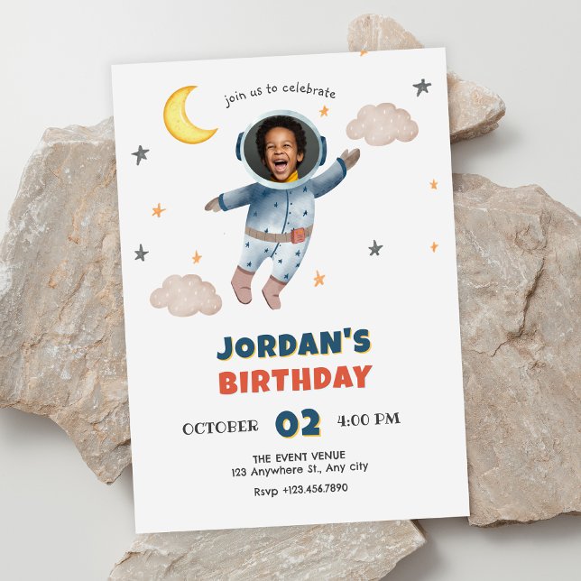Cute astronaut space photo birthday invitation (Creator Uploaded)