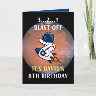 Cute Astronaut Space Rocket Mars Blue 8th Birthday Card