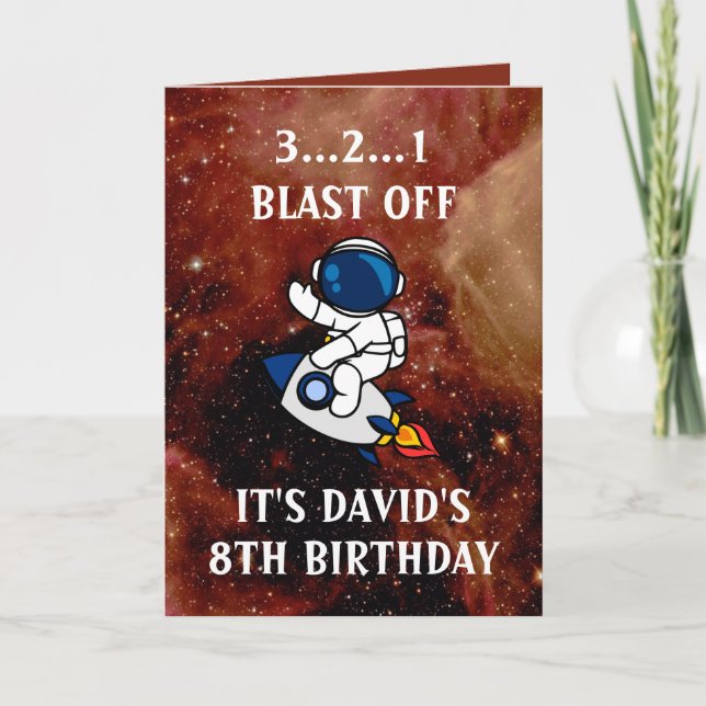Cute Astronaut Supernova Brown 8th Birthday Card (Front)