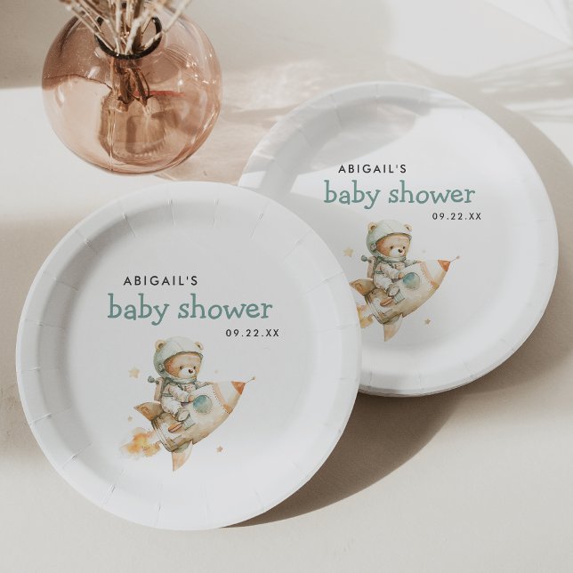 Cute Astronaut Teddy Bear Baby Shower Paper Plate (Creator Uploaded)