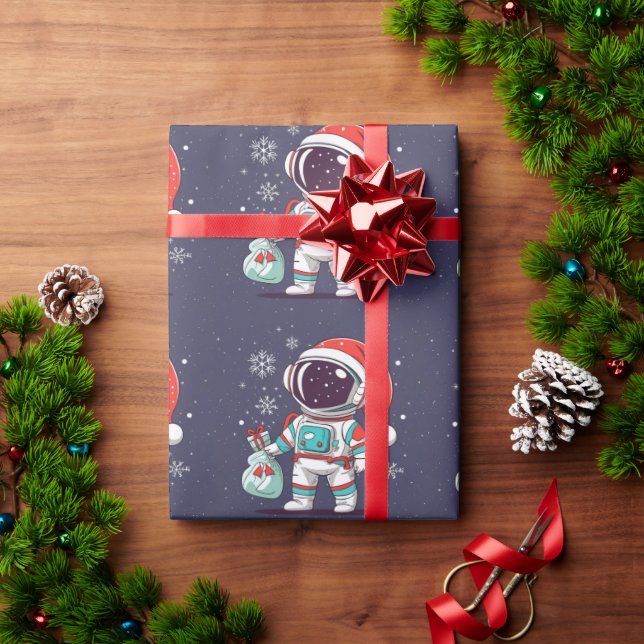 Cute Astronaut With Christmas Hat In Galaxy Wrapping Paper (Holiday Gift)