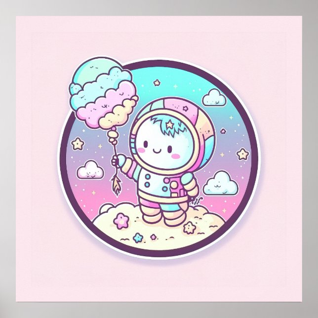Cute Astronaut with Ice Cream Baloon on the Moon | Poster (Front)