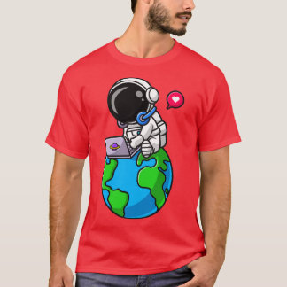 Cute Astronaut Working With Laptop On Earth Cartoo T-Shirt