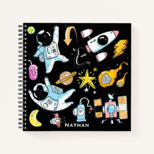 Cute Astronauts in Space Doodles Personalised Kids Notebook
