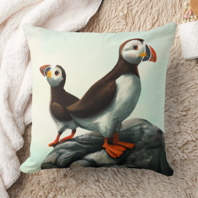 Cute Atlantic Puffins Seabirds on the Rocks Cushion (Blanket)