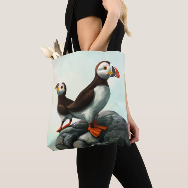 Cute Atlantic Puffins Seabirds on the Rocks Tote Bag (Close Up)