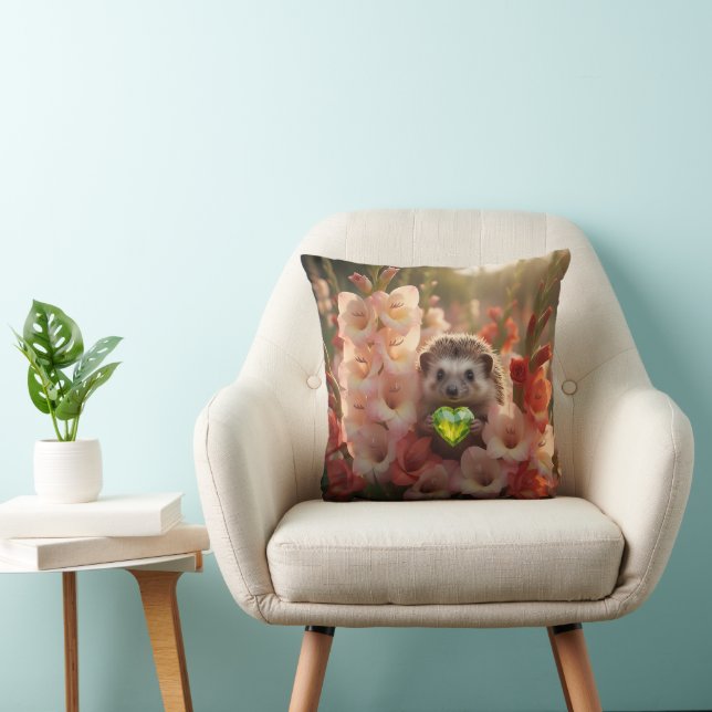 Cute August Hedgehog with Peridot Heart Cushion (Chair)