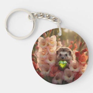Cute August Hedgehog with Peridot Heart Key Ring