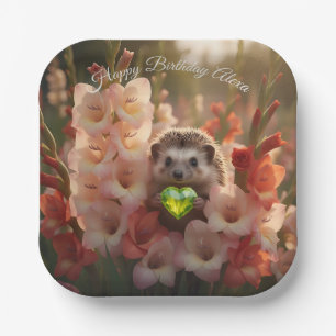 Cute August Hedgehog with Peridot Heart Paper Plate