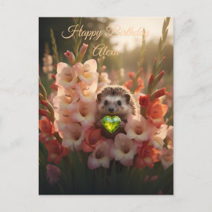 Cute August Hedgehog with Peridot Heart Postcard