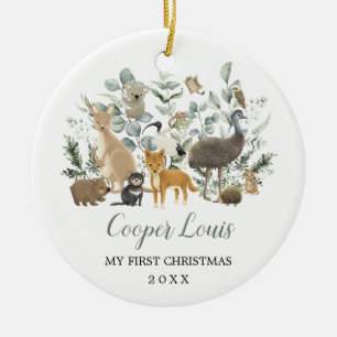 Cute Aussie Animals Greenery Baby 1st Christmas Ceramic Ornament
