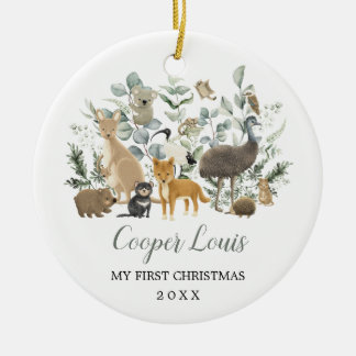 Cute Aussie Animals Greenery Baby 1st Christmas Ceramic Ornament