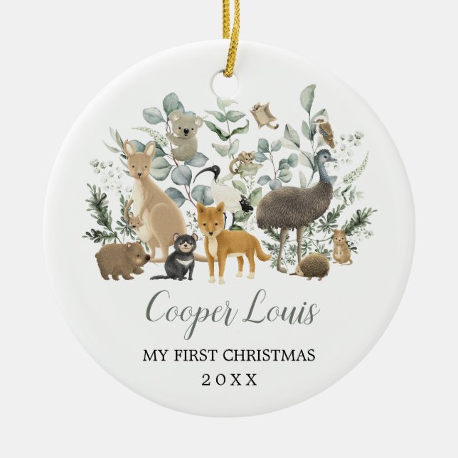 Cute Aussie Animals Greenery Baby 1st Christmas Ceramic Ornament (Front)