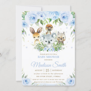 Cute Australian Animals Blue Floral Baby Shower Invitation