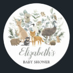 Cute Australian Animals Eucalyptus Baby Shower Classic Round Sticker<br><div class="desc">This elegant design features soft sage green watercolor greenery,  adorable Australian animals and modern lettering. Suitable for both boy and girl baby shower.</div>