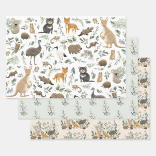 Cute Australian Animals Greenery Birthday Baby Boy Wrapping Paper Sheet