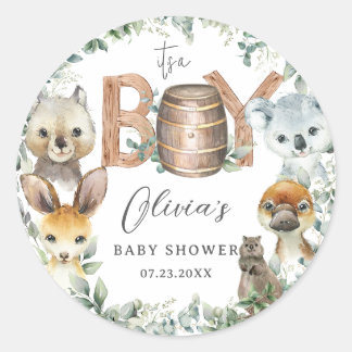 Cute Australian Animals Greenery Boy Baby Shower  Classic Round Sticker