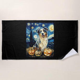 Cute Australian Shepherd Dog Halloween Jack O Lant Beach Towel