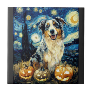 Cute Australian Shepherd Dog Halloween Jack O Lant Ceramic Tile