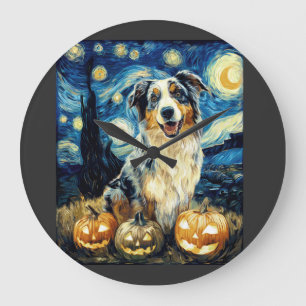 Cute Australian Shepherd Dog Halloween Jack O Lant Large Clock