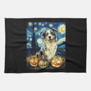 Cute Australian Shepherd Dog Halloween Jack O Lant Tea Towel
