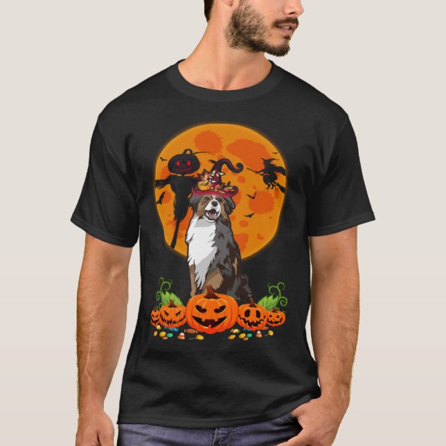 Cute Australian Shepherd Dog Witch Pumpkin Hallowe T-Shirt (Front)