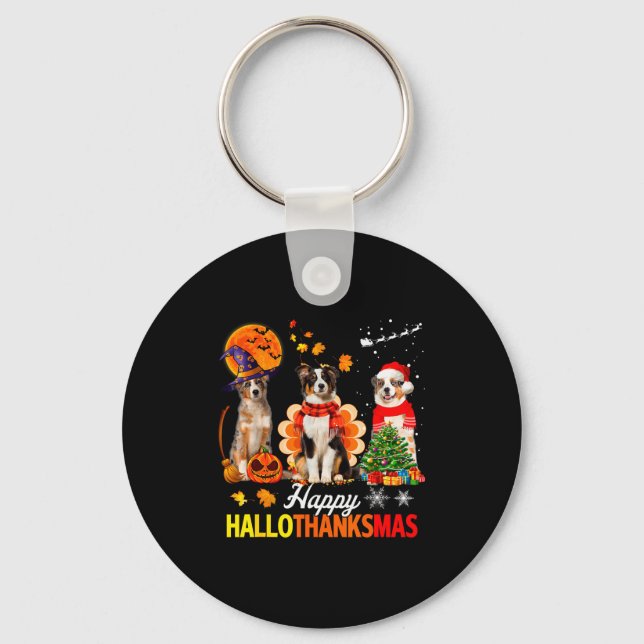 Cute Australian Shepherd Happy Hallothanksmas Xmas Key Ring (Front)