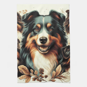 Cute Australian Shepherd Painting Tea Towel