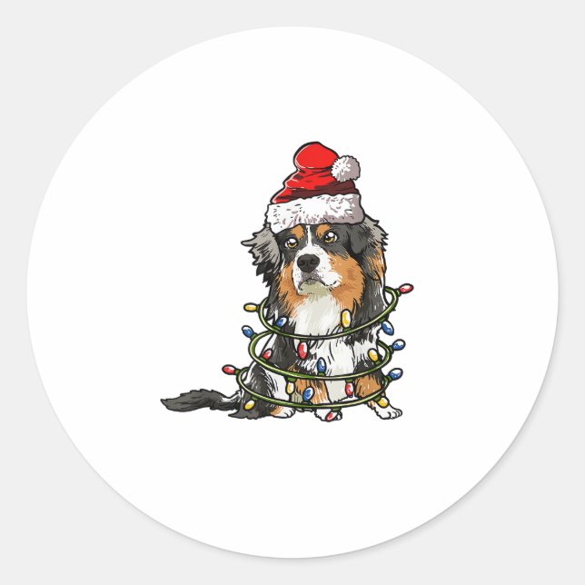 Cute Australian Shepherd Santa Christmas Tree Ligh Classic Round Sticker (Front)