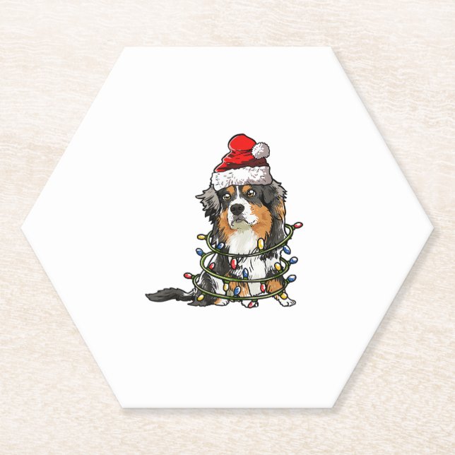 Cute Australian Shepherd Santa Christmas Tree Ligh Paper Coaster (Front)