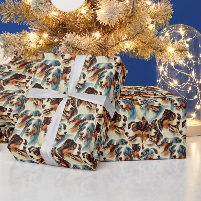 Cute Australian Shepherd Seamless Wrapping Paper (Holidays)
