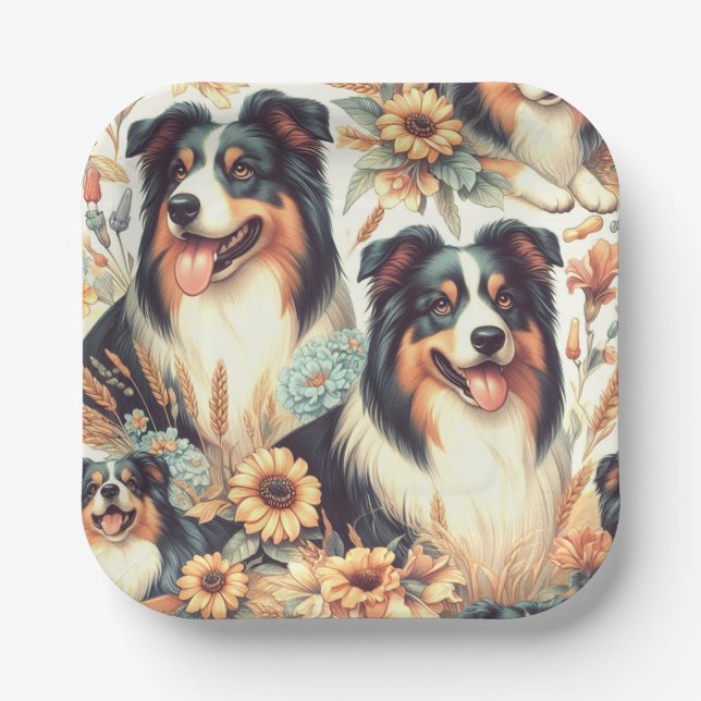 Cute Australian Shepherd Vintage Painting Paper Plate (Front)