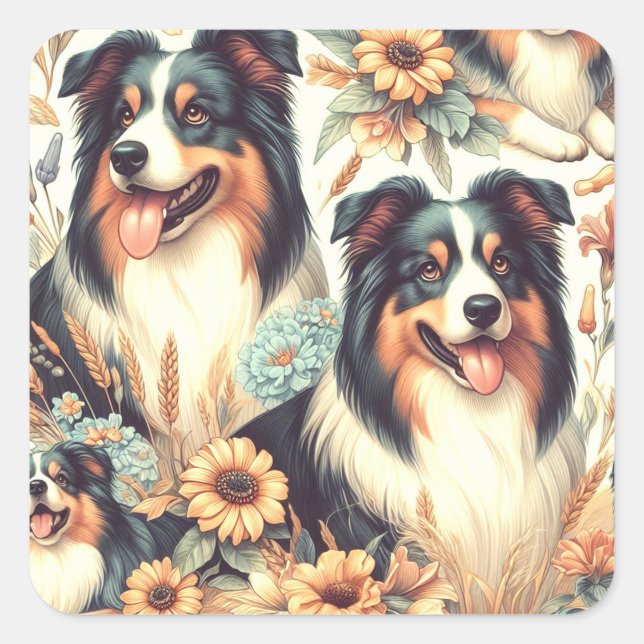Cute Australian Shepherd Vintage Painting Square Sticker (Front)
