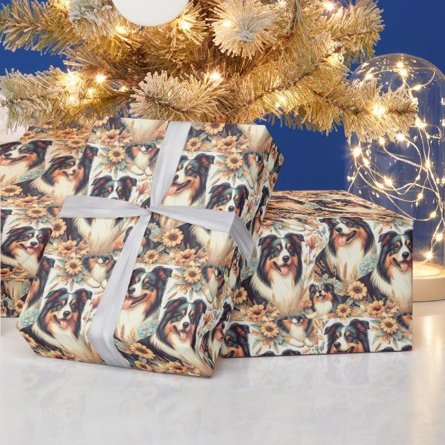 Cute Australian Shepherd Vintage Painting Wrapping Paper (Holidays)