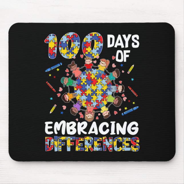 Cute Autism Awareness Embrace Differences 100 Days Mouse Pad (Front)