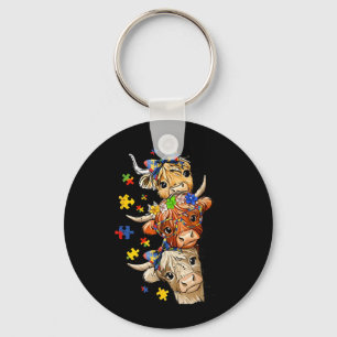 Cute Autism Awareness Highland Cow Puzzle Speech Key Ring